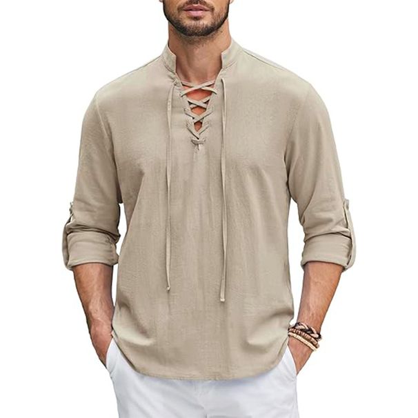 Renaissance Shirt Pirate Medieval Viking Top Cotton Linen Shirts Men's Long Sleeve Halloween Costume_viptrois.com
