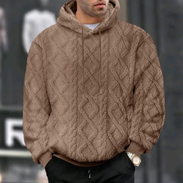 Men's Fleece Hooded Sweatshirt - Winter Casual Loose Fit Pullover With Jacquard Diamond Pattern (Black, Grey, Blue, Beige, Brown)_viptrois.com