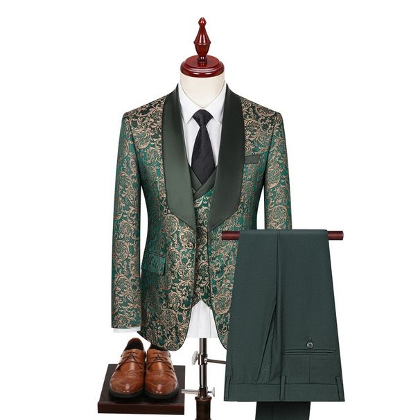 Men's Clothing autumn and winter new color matching printed suit three piece suit men's jacquard wedding dress stage performance suit_viptrois.com