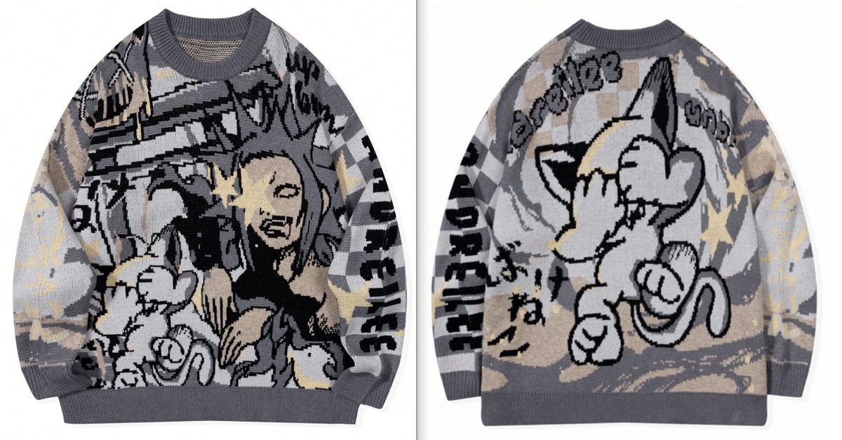 Men's Gothic Dopamine Knit Sweater – Oversized Ribbed Pullover With Dark Aesthetic, 50% Viscose 25% Polyester 25% (Blue/Grey/Pink, S/M/L/XL)_viptrois.com