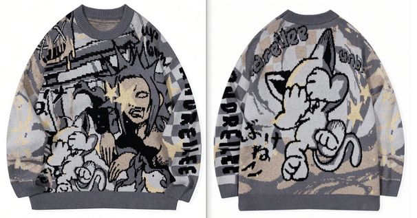 Men's Gothic Dopamine Knit Sweater – Oversized Ribbed Pullover With Dark Aesthetic, 50% Viscose 25% Polyester 25% (Blue/Grey/Pink, S/M/L/XL)_viptrois.com