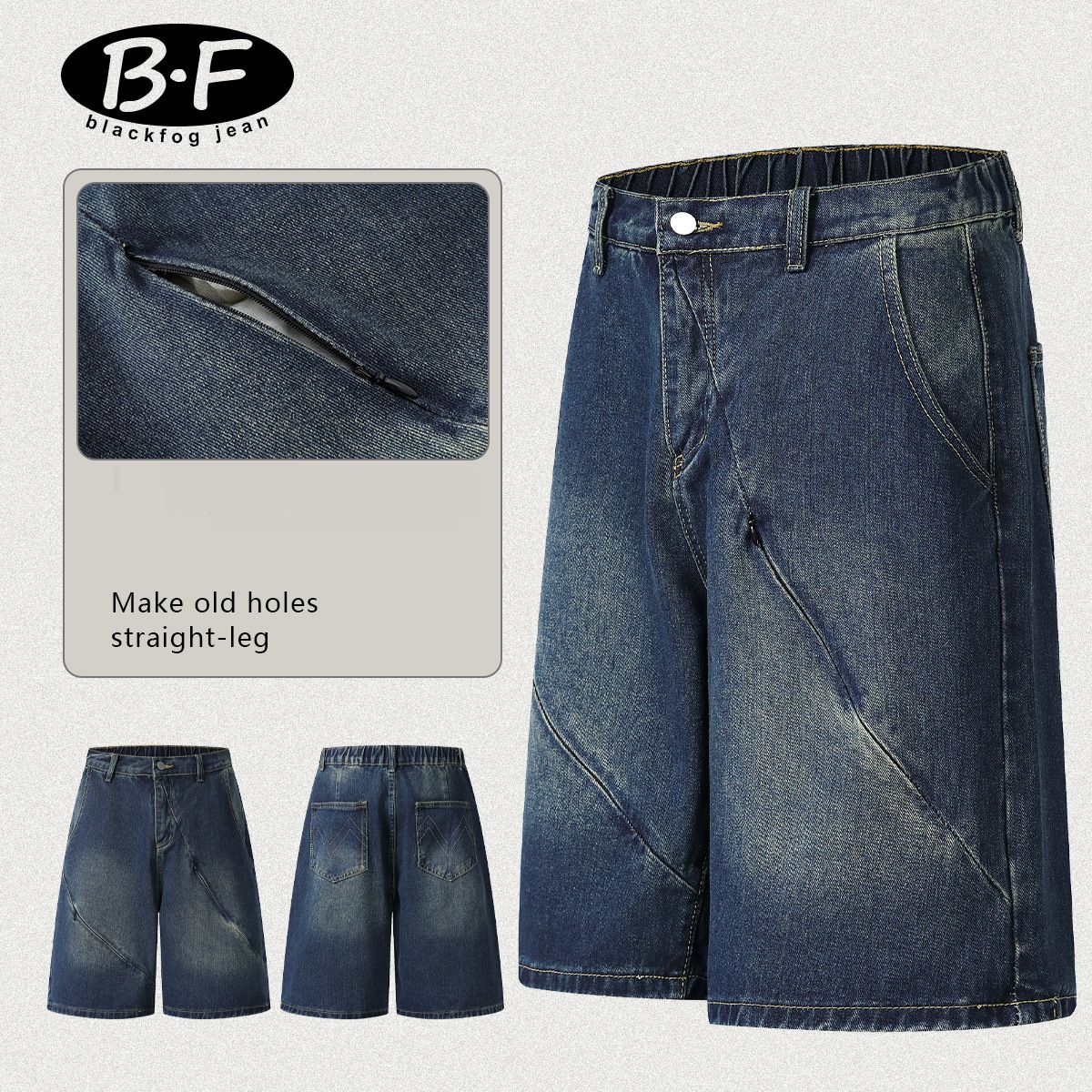 Men's Clothing Zipper Denim Shorts Loose Retro Distressed Blue Straight Shorts_viptrois.com