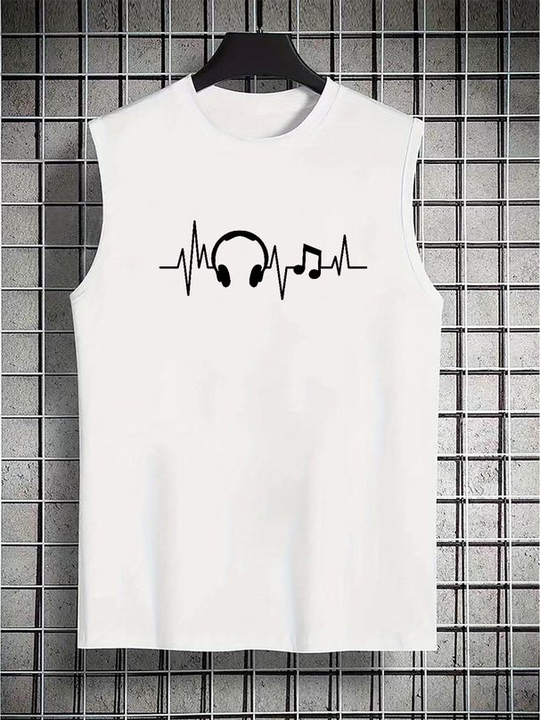 100% Pure Cotton Men's Summer Leisure Sports Fitness Loose Earphone Pattern Printed Breathable Round Neck Sleeveless Vest_viptrois.com