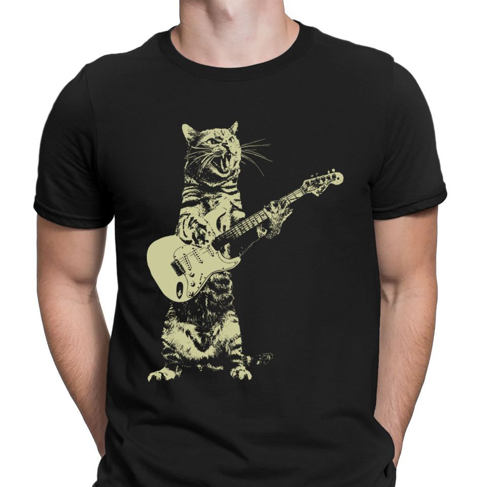 Cat Playing Guitar Music Is Life Rock Band Funny T-Shirt Mens Womens Tees Top Classic T-Shirt Mens Womens Tees Top_viptrois.com