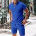 Waffle Lapel Polo Shirt Suit New Short Sleeved Shorts Casual Suit Summer Solid Color Loose T Shirt_viptrois.com
