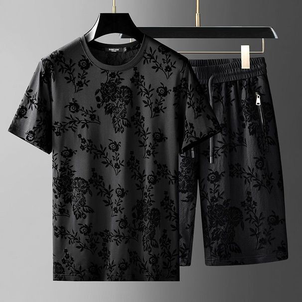 Summer Jacquard Short Sleeve Casual Sports For Men Trendy Flocked Printed Shorts Plus Size Two-Piece Set_viptrois.com