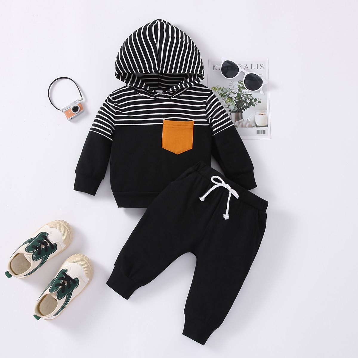 Mother&Kids Children's Clothes Children's Striped Combination Cap Long Sleeve Top + Trousers Two Sets Of Baby Clothes_viptrois.com