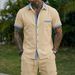 Men's Short Sleeved Stand Collar Patchwork Shirt Solid Color Cotton Linen Beach Casual Sports Summer Set_viptrois.com