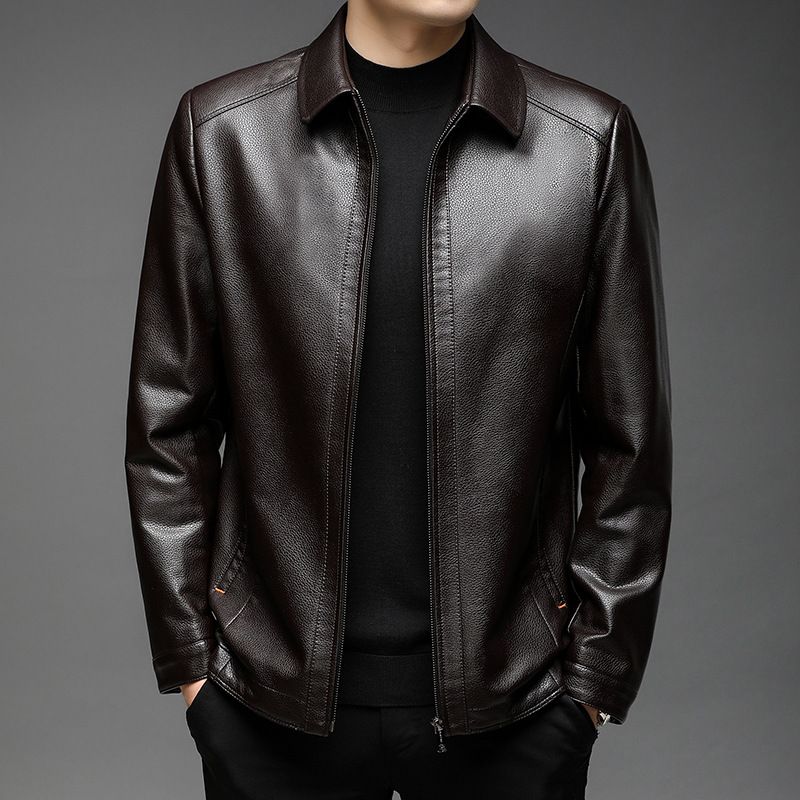 Haining Men 2025 New Spring Thin Style Dad Outfit Middle-Aged Men's Top Layer Cowhide Leather Jacket Outer_viptrois.com