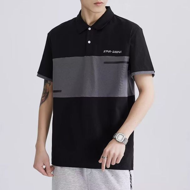 Retro Light Mature Style Men's Loose Fitting Patchwork Short Sleeved Polo Shirt, Summer Casual Versatile_viptrois.com