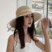 Women Straw See-through Bow-knot Decor Mesh Patchwork Bandage Large Brim Anti-UV Sun Protection Elegant Vacation Lady_viptrois.com