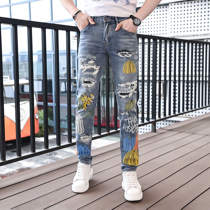 Men's Clothing Summer Thin Pumpkin Print Jeans Men's Casual Elastic Slim Fit Skinny Long Pants Trendy_viptrois.com
