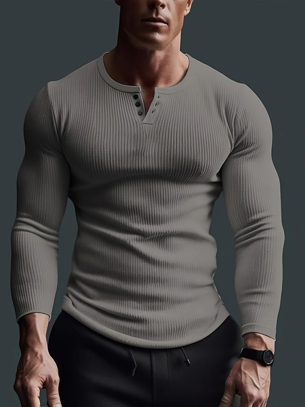 Pulse Men's Long Sleeve Top Fitness High Elastic Base Shirt Three Button V Neck Ribbed Solid Color Casual T-Shirt_viptrois.com