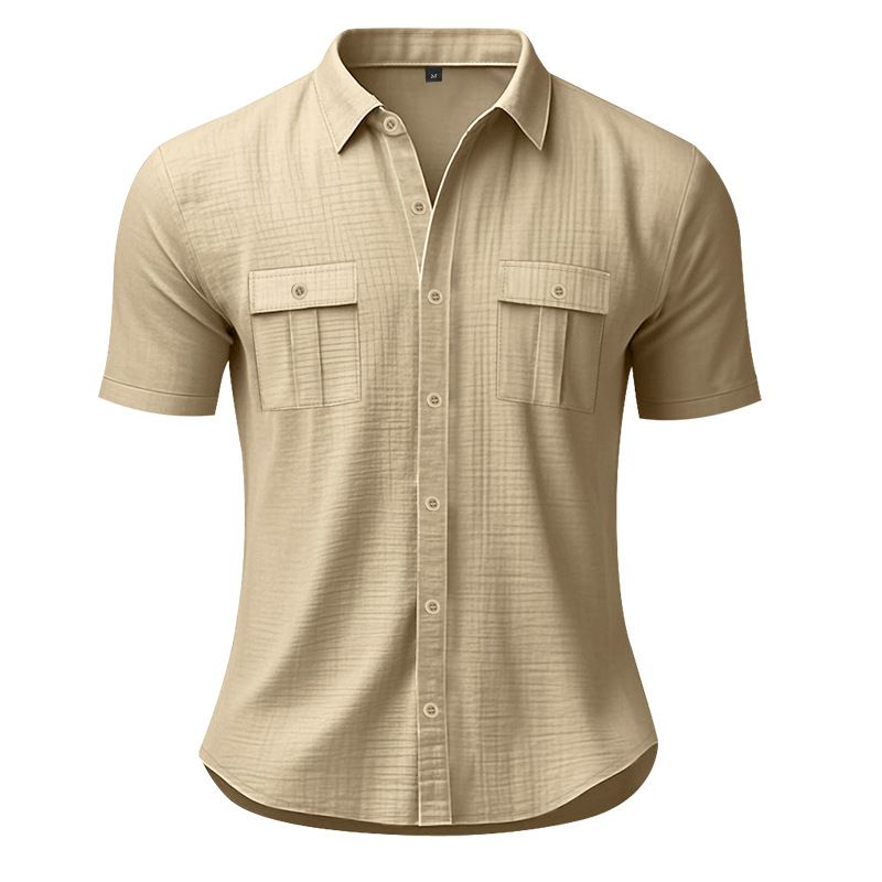 Men's Summer Casual Shirt European Size Breathable Linen Multi Pocket Buttoned Loose Fit Workwear Short Sleeved Beachwear_viptrois.com