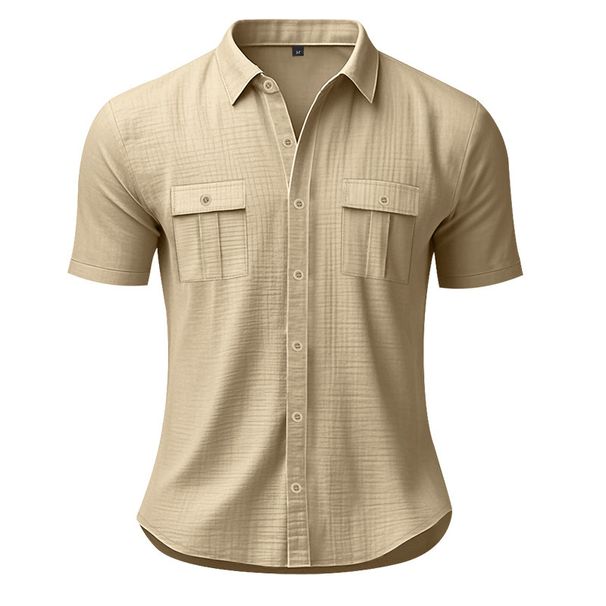 Men's Summer Casual Shirt European Size Breathable Linen Multi Pocket Buttoned Loose Fit Workwear Short Sleeved Beachwear_viptrois.com