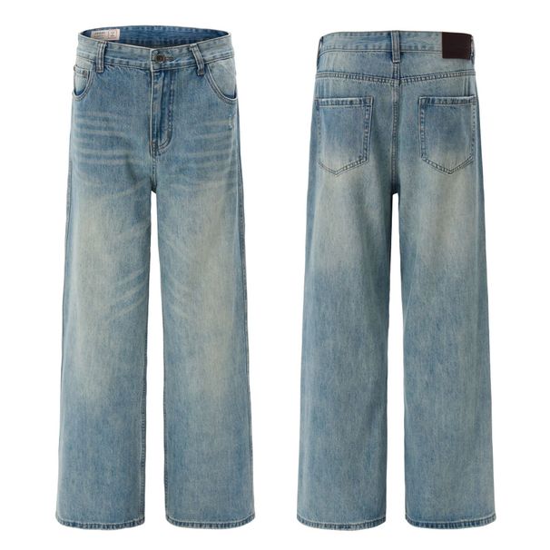 Men's Clothing Summer Trendy Light Blue Jeans For Men And Women, Washed High Street Straight Leg Pants, Versatile Long Trousers_viptrois.com