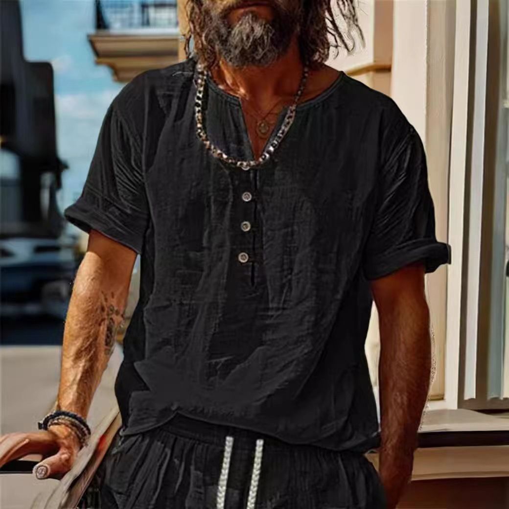 Men's Clothing New Men's Retro Cotton And Linen Casual Short Sleeved Shirt_viptrois.com