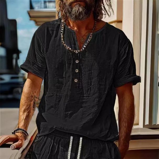 Men's Clothing New Men's Retro Cotton And Linen Casual Short Sleeved Shirt_viptrois.com