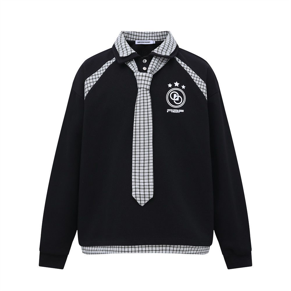College Style Two-Piece Tie Long Sleeve Polo Sweatshirt Men's Spring Autumn Street Fashion Patchwork Plaid_viptrois.com