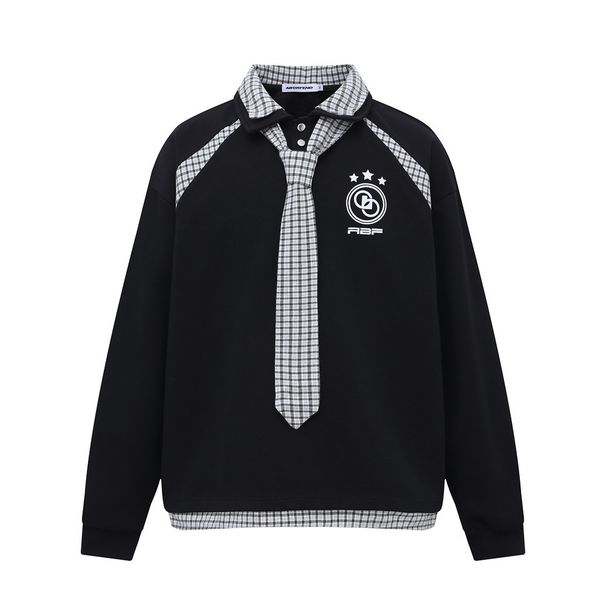College Style Two-Piece Tie Long Sleeve Polo Sweatshirt Men's Spring Autumn Street Fashion Patchwork Plaid_viptrois.com