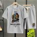 Men's Clothing waffle polo shirt short sleeved T shirt set summer loose clothes tops and pants suits for men_viptrois.com