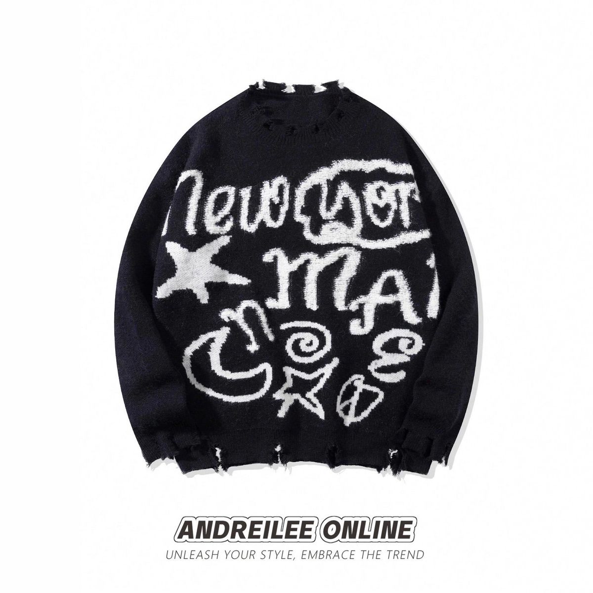Men's Clothing Letter Jacquard Pullover Sweater, Unisex, Trendy, Loose Fitting Casual Knitwear_viptrois.com