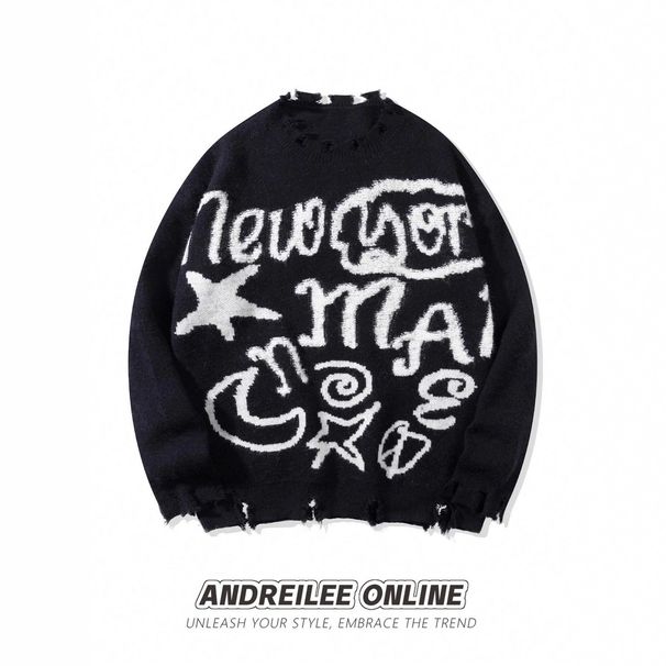 Men's Clothing Letter Jacquard Pullover Sweater, Unisex, Trendy, Loose Fitting Casual Knitwear_viptrois.com