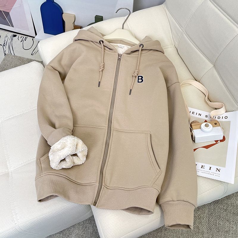 New Fleece-Lined Thickened Hooded Lamb Wool Sweatshirt For Women, Autumn Winter Couple Style, Loose And Warm Long-Sleeve_viptrois.com
