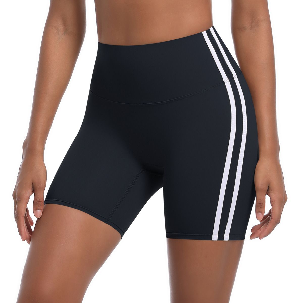 New Striped Fitness Tight High Waist Peach Three-Quarter Color-Block Breathable Sports Running Yoga Shorts For Women_viptrois.com
