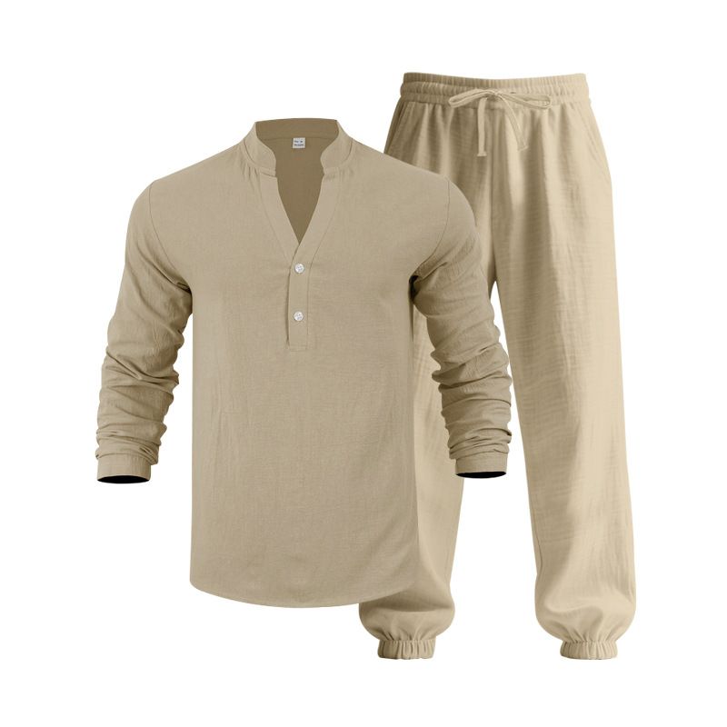 Autumn American Loose Linen Casual Trend Hawaiian Home Commuting Henry Shirt Long Sleeved Trousers Suit_viptrois.com