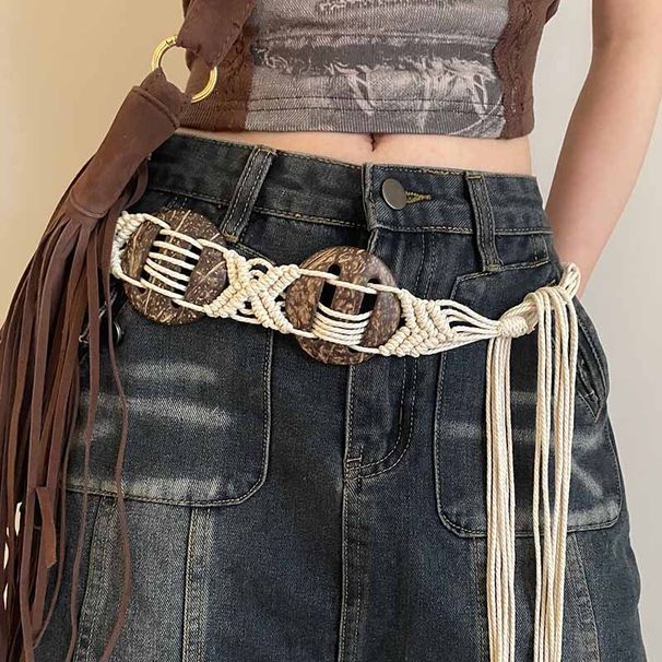 Woven Ethnic Style Wide Coconut Shell Belt Women, Unique Design Waist Rope For Dresses And Jeans, Versatile_viptrois.com