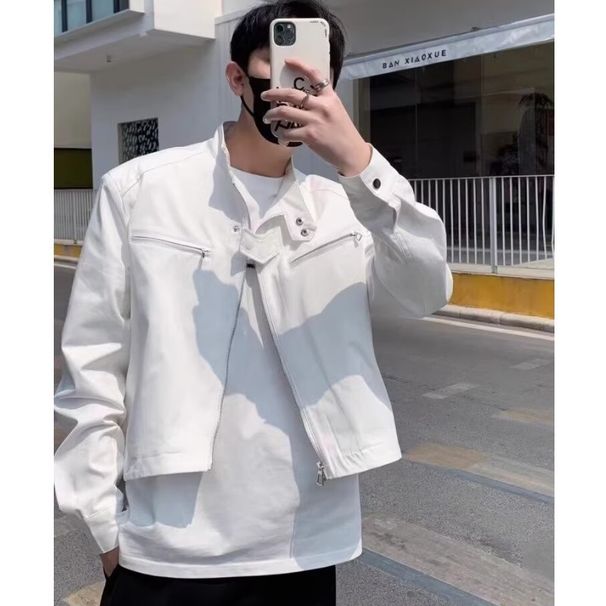 High street niche stand up collar high-end flight suit men's zipper short trendy motorcycle shoulder pad jacket jacket_viptrois.com