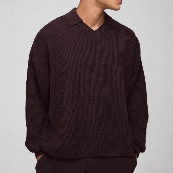 Men's Knit Polo Collar Long Sleeve Sweater - Soft & Breathable Cotton Blend, Relaxed Fit, Classic V-neck Design For Casual Winter Wear (Dark Brown)_viptrois.com