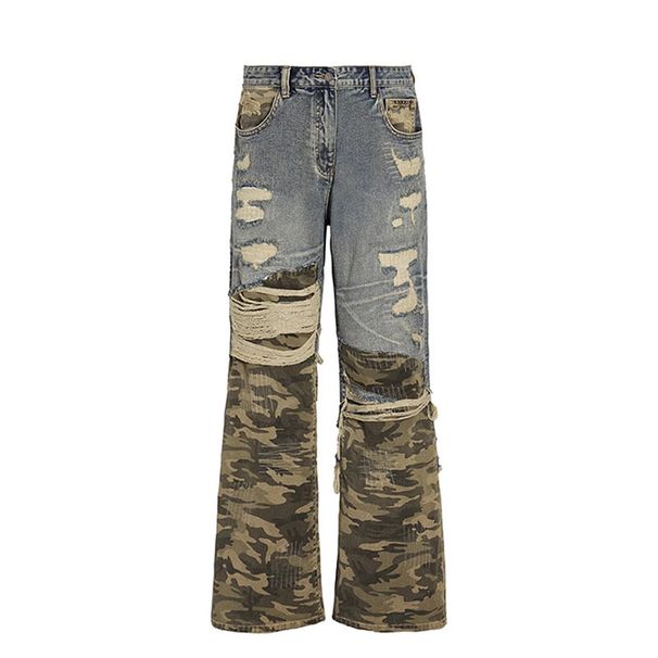 Camouflage Patchwork Ripped Jeans 2025 New Style Street Fashion Design, Loose Straight Leg Pants For Men_viptrois.com