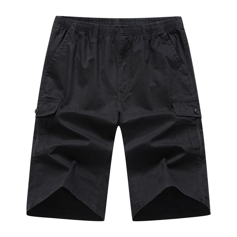 Men's Cargo Seven-Quarter Length, Summer New Style, Pure Cotton, Multi-Pocket, Beach Shorts, Dad's Elastic Waist_viptrois.com