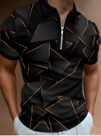 Men's Spring New Men's Casual 3D Printing Lapel Short Sleeved Zipper Polo Men T Shirt Tops_viptrois.com