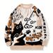 Cartoon Cat Jacquard Sweater – Oversized Unisex Knit Pullover (Blue/Grey/Brown, XS-XXL)_viptrois.com