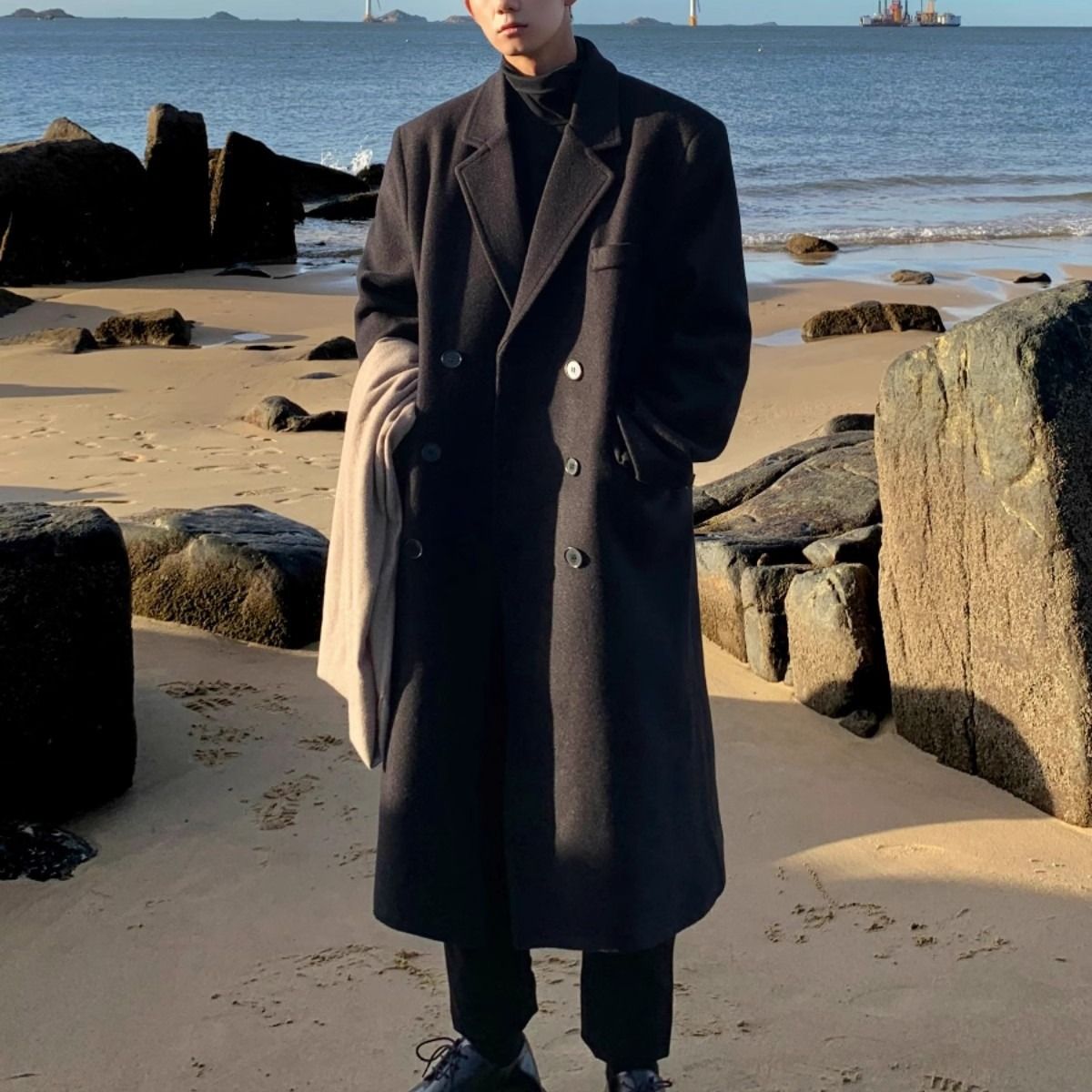 Winter Trendy Thickened Korean Version Loose British Wool Trench Coat Men's Mid-Length Over-the-Knee Jacket_viptrois.com