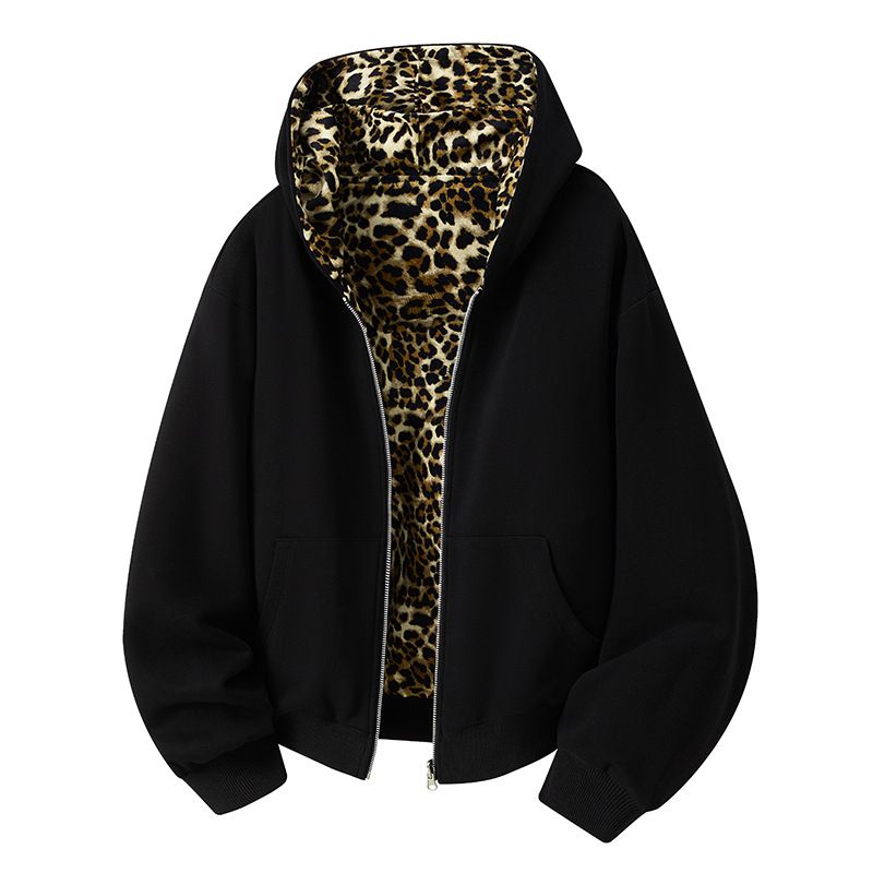 Unisex Reversible Hooded Zip-Up Jacket – Oversized Streetwear Pullover With Leopard Print & Double-Sided Design, Thick Cotton Blend_viptrois.com