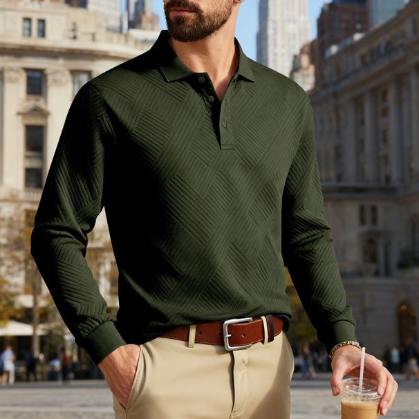 Men's Textured Stripe Long-Sleeve Polo Shirt - Relaxed Fit Autumn Knit Top With Asymmetric Design & Wrinkle-Free Fabric_viptrois.com