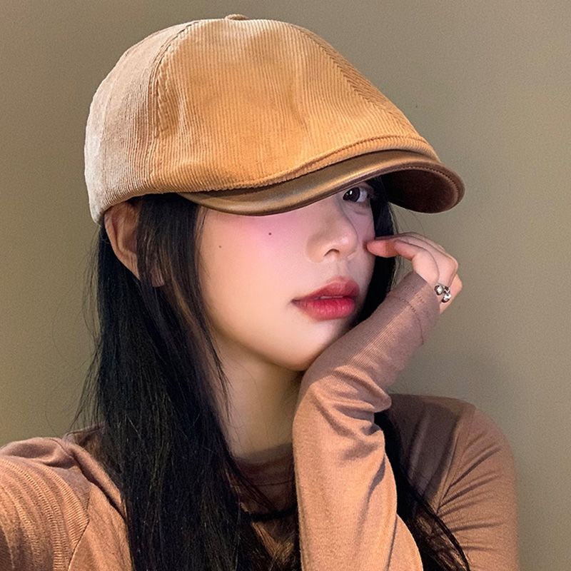 Korean Style Corduroy Forward Cap For Women, Spring And Autumn Versatile Reversible Beret, Large Head Circumference,_viptrois.com
