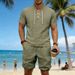 Men's Summer Linen Shorts Set Trendy Casual Loose Fitting Drawstring Stand Collar Short Sleeved Breathable European American Style_viptrois.com
