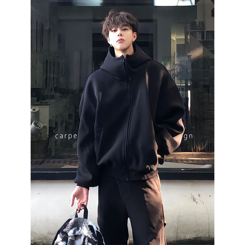 Autumn And Winter Trendy Brand Jacket Men's High Neck Hooded Cardigan Sweatshirt_viptrois.com