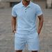 Men's Clothing Jacquard Short Sleeve Shirt & Shorts Lounge Set - Breathable Cotton Blend Outfit Casual Wear (Black/Khaki/Sky Blue/Gray/White, S-XXXL)_viptrois.com