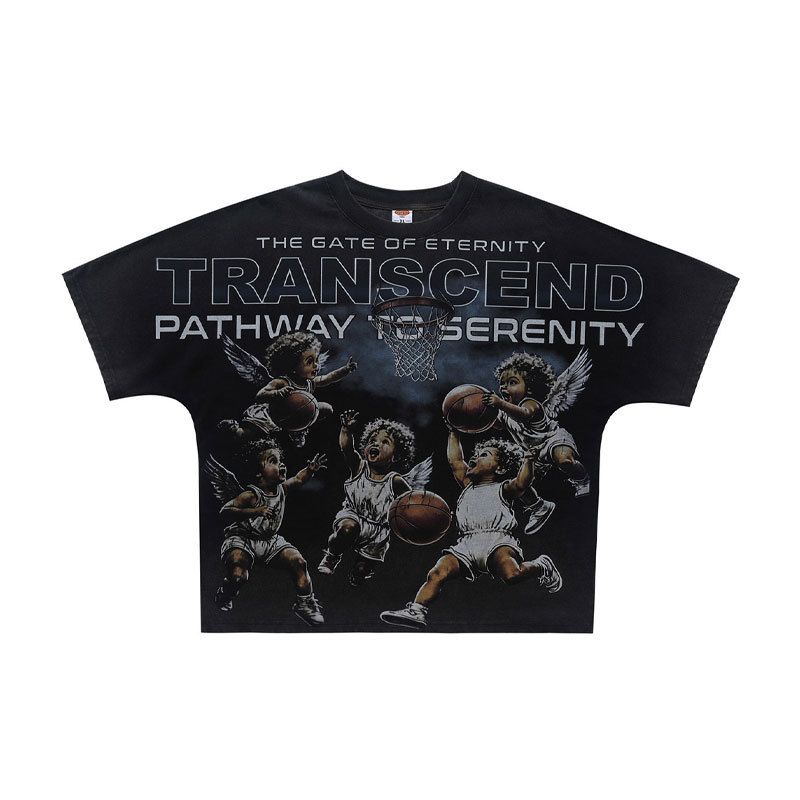 American-syle Washed Disressed Shor T-shir Wih Full Porrai Prin And Oversized Design, One-piece Raglan_viptrois.com