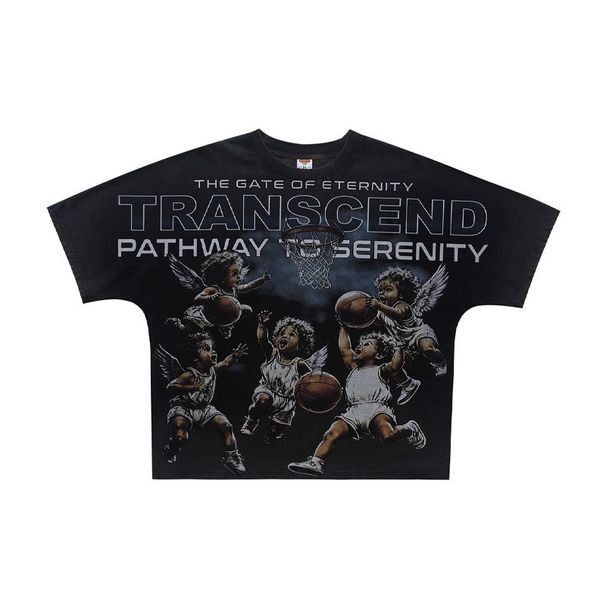 American-syle Washed Disressed Shor T-shir Wih Full Porrai Prin And Oversized Design, One-piece Raglan_viptrois.com