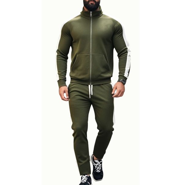 Men's Long Sleeved Two Piece Set Autumn Winter Casual Sports Jacket Sweatshirt Contrast Color Stand Collar Suit_viptrois.com