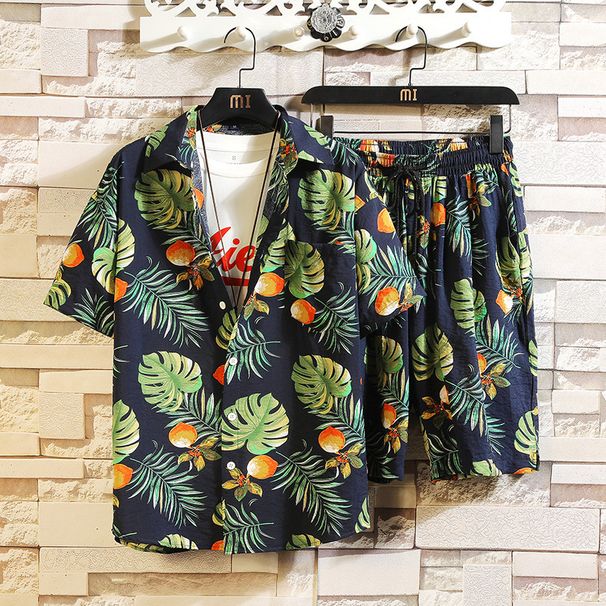 Men's Clothing Summer New Men's Fashion Beach Suit Loose Large Size Fashion Pattern Shorts Shirt Two Piece Suit_viptrois.com
