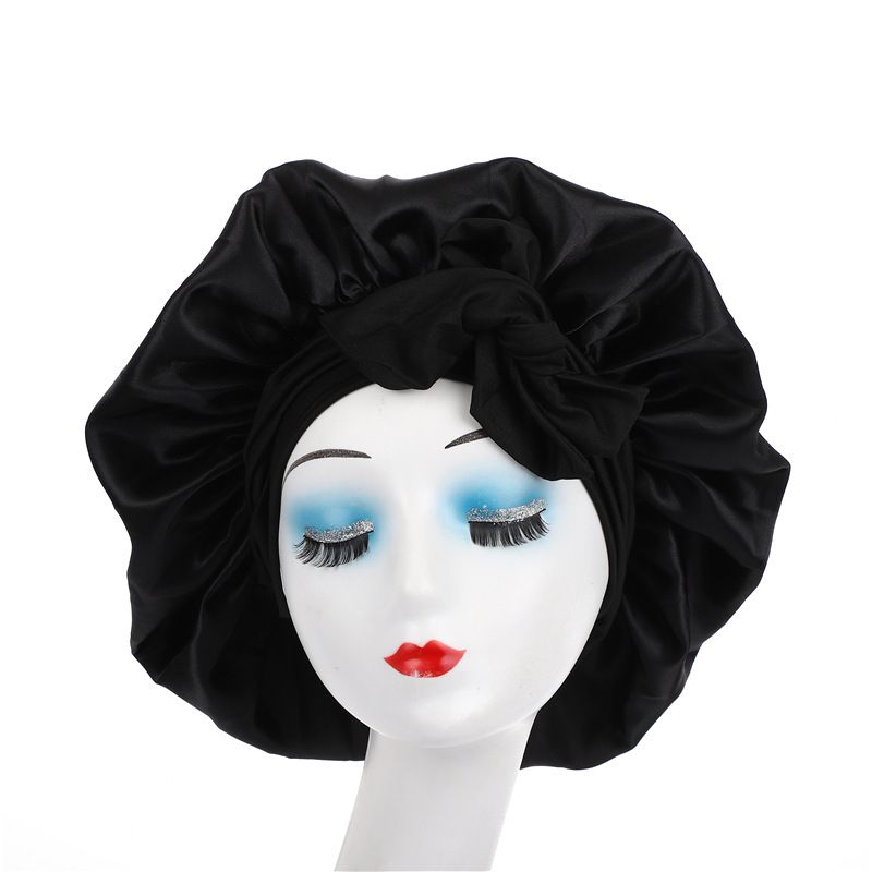 Leopard print ribbon satin sleeping cap with high elasticity and wide brim silk headscarf hat for beauty and hair care_viptrois.com