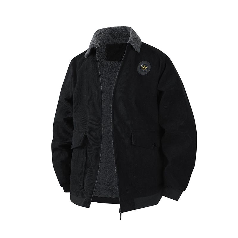 Men's Corduroy Cotton Jacket - Winter Warm Windproof Lambskin-Lined Plus Size Coats In Black/Grey/Khaki/Army Green_viptrois.com